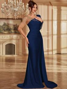 Vestido largo elegante con manga larga, cuello asimétrico, aplicación de malla y empalme, con cola, vestido de noche formal para mujer, vestido de fiesta, vestido de invitada de boda, Día de San Valentín Primavera - Azul Marino - Ver 6