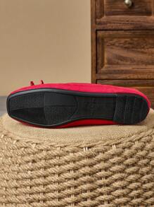 女士方头浅蝴蝶结装饰平底休闲一脚蹬鞋，黑色，百搭，适合秋季及所有季节 - 紅色 - 查看 7