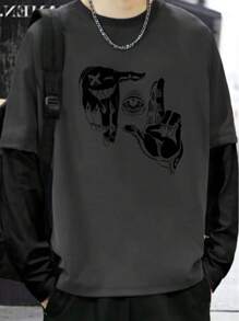 Long Sleeve T-Shirt Lead Streetwear Model: "Hands With Gestures And Eye In The Middle" - Tumblr Style/Special Launch - 深灰色 - 查看 1