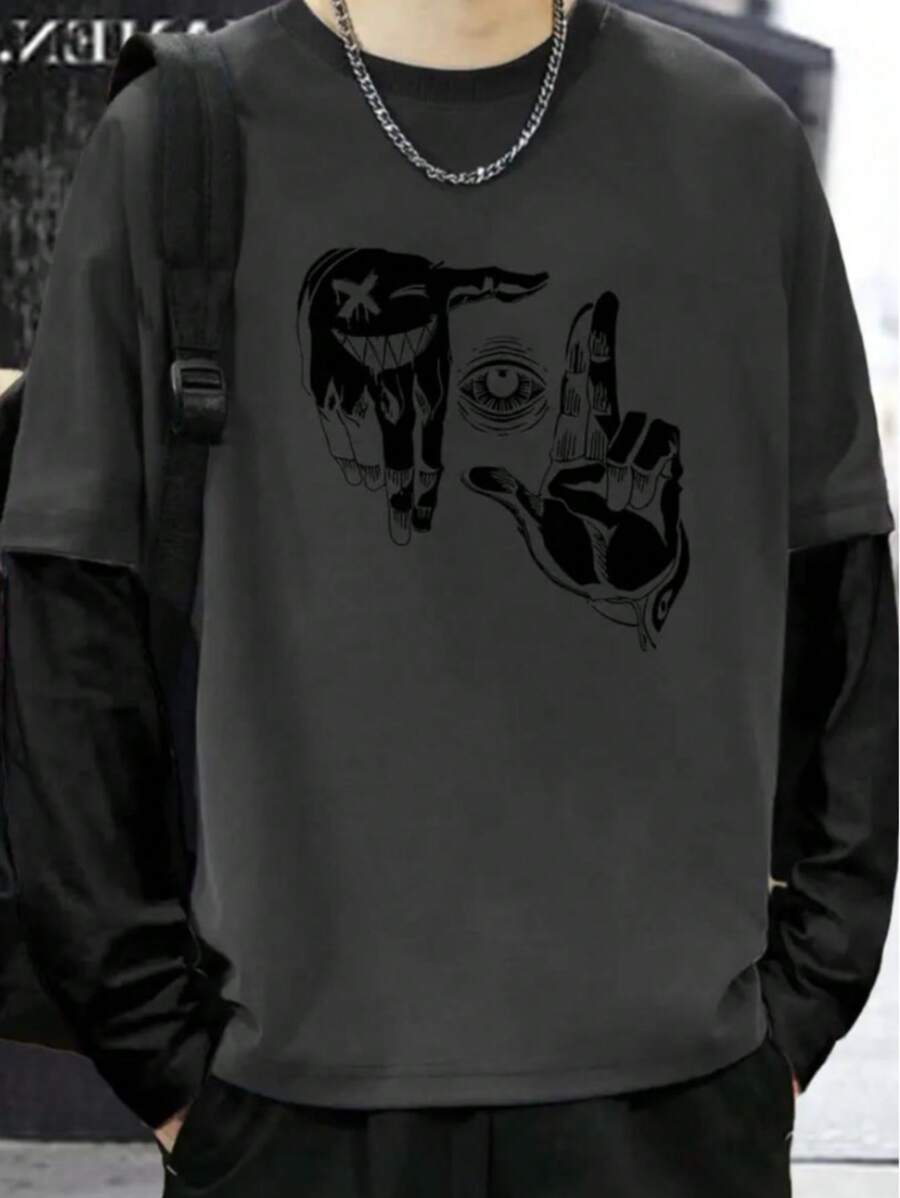 Long Sleeve T-Shirt Lead Streetwear Model: "Hands With Gestures And Eye In The Middle" - Tumblr Style/Special Launch - 深灰色 - 查看 1