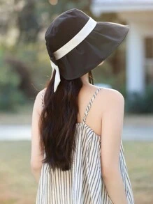 1pc Spring Wide Brimmed Women's Sun Hat, Bowknot Color Block, Polyester UV Protection Wind Resistant, Decorative - A-16 Opening - View 6