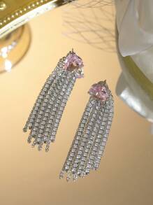1 Pair Cubic Zirconia Heart Tasseled Earrings, Suitable For Daily Wear