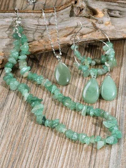 Set de 6 piezas bohemio con piedras naturales verdes que incluye 2 collares + 2 pares de aretes con colgantes con forma de lágrima y cuentas piedras naturales, perfecto como regalo de cumpleaños de mayo o para vacaciones (el color, la profundidad y la textura de las piedras naturales son aleatorios)