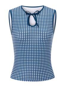 Women Tank Top Keyhole Crew Neck Sleeveless Summer Casual Slim Fit Cute Plaid Basic Shirt Blouse - 藍色 - 查看 7