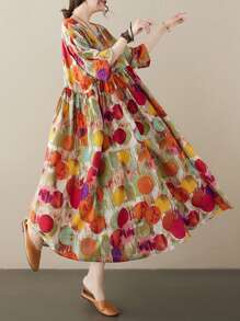 Topy Boho Style Plus Size Casual Holiday Beach Dress, Sukienka w kropki, Letnia sztuczna japońska spódnica z kołnierzykiem jenowym, z rękawami na ramionach i krótkim rękawem,