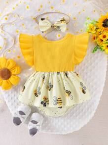 Conjunto de 2 piezas de vestido mono informal con parches a rayas y decoración de abeja, con cintura ajustada y diadema para bebé niña