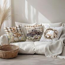 4 件套复活节格子兔子和鸡蛋抱枕套套装，单面桃色天鹅绒面料，45 * 45 厘米/18 * 18 英寸枕套，适用于现代简约沙发客厅装饰、礼物、派对装饰 - 彩色 - 查看 7