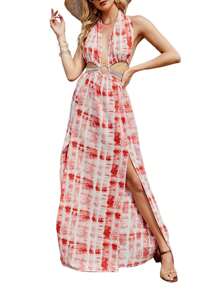 Women Sexy Backless Slit Dress, Tie-Dyed Printed Pattern Deep V-Neck Sleeveless One-Piece, Green/ Red/ Blue - Red - View 1