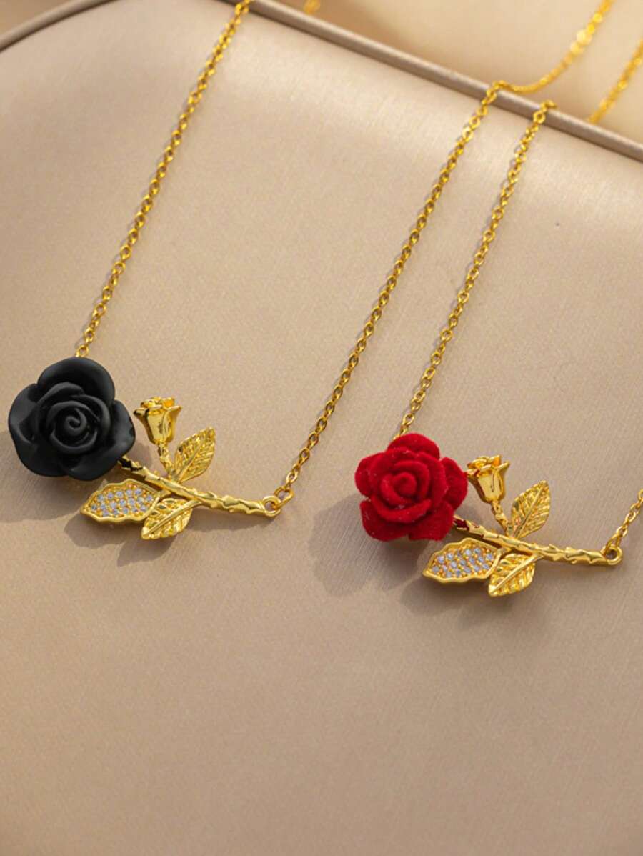 1 件新款时尚法式浪漫红玫瑰花项链，女士，酒红色，微镶嵌锆石花卉吊坠颈链 - 項鍊 - 查看 1