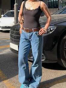 Women Y2k Fairy Lace Trim Cami Tank Tops With Built-In Bra Spaghetti Strap Sleeveless Camisole Crop Tops Sexy Backless Slim Fit Vest Shirt Summer Going Out Tops Aesthetic Clothes Streetwear - 黑色 - 查看 3