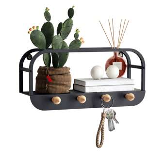 YIJUYOU Estantería de pared, o estantería flotante de baño, estante de almacenamiento, organizador de ducha montado en la pared, con almacenamiento, de hierro, metal, estantería de entrada con 4 ganchos de madera para ropa, sombrero, toalla, bolso, bata, para baño, sala de estar, dormitorio, cocina, cuarto de servicio, negro mate