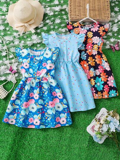 3-Piece Spring & Summer Simple Fashion Outfit, New Style Round Neck Four-Way Stretch Cap Sleeve Dress, Soft, Breathable And Comfortable For Outdoor Activities, Young Girl