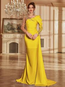 Applique Mesh Splice Long Sleeve Elegant Asymmetrical Neck Maxi Evening Dress With Train, For Women, Party Dress, Wedding Guest Dress, Formal Dress,Gown - Yellow - View 4