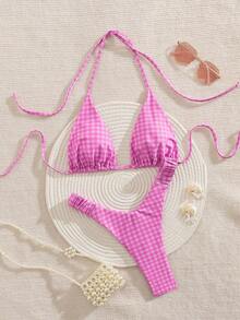 PEPPERMOLLY New Plaid Soft Halter Tie Back Cute Bikini, Women Summer Beach Fashion Swimwear Set, Rose Red - Hot Pink - View 1