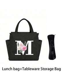 2 pièces/Set Sacs isothermes imprimés avec lettres A-Z et boîte de rangement pour couverts, sac à lunch à double poche