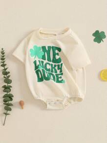 Baby Spring Romper Short Sleeve Crewneck Shamrock Letter Print Bodysuit Infant Playsuit - Beige - View 1