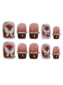 YADORNOS 10 piezas Uñas postizas cortas en forma de ataúd, de acrílico prensado a mano, con diamante, en color borgoña con diseño de mariposa francés, brillos y perlas, de estilo retro, con pegamento de gelatina y lima de uñas, suministros de manualidades de arte de uñas DIY