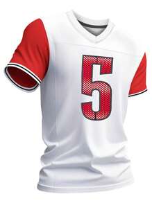 Camiseta de cuello en V de manga corta casual con bordados y costuras para hombres, diseño de camiseta de rugby de fútbol americano blanca