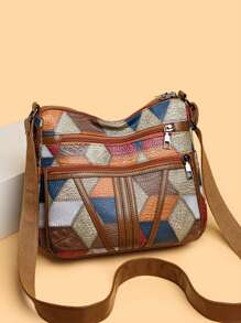 Tas Selempang Wanita Gaya Bohemian, Motif Kotak-kotak Warna, Retro, Kapasitas Besar, Banyak Kantong, Cocok untuk Komuter, dan Tali Bahu yang Dapat Disesuaikan. - Coklat - View 3