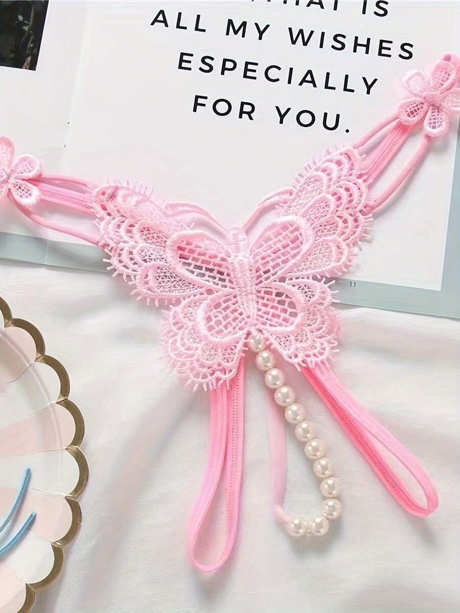 Transparent Crotchless Pearl Thong - Pink - View 1