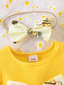 Conjunto de 2 piezas de vestido mono informal con parches a rayas y decoración de abeja, con cintura ajustada y diadema para bebé niña
