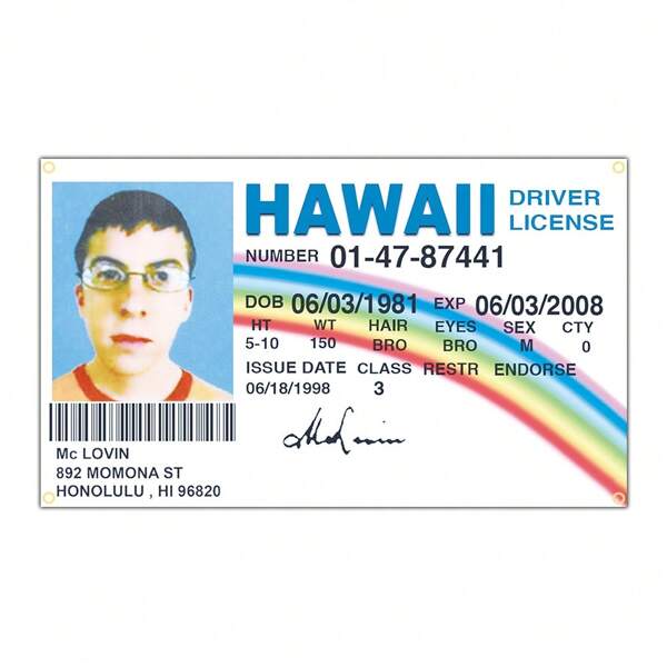 Bandera de McLovin Fake ID de 2x3 pies y 3x5 pies para decoración interior y exterior, tapiz, Navidad