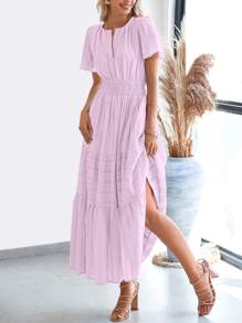 Womens Summer Maxi Dresses Short Sleeve High Waist Tiered Flowy A-Line Boho Bohemian Beach Long Dress Holiday Vacation Beach Valentine Long Dress Outfit - 淺粉紫色 - 查看 4