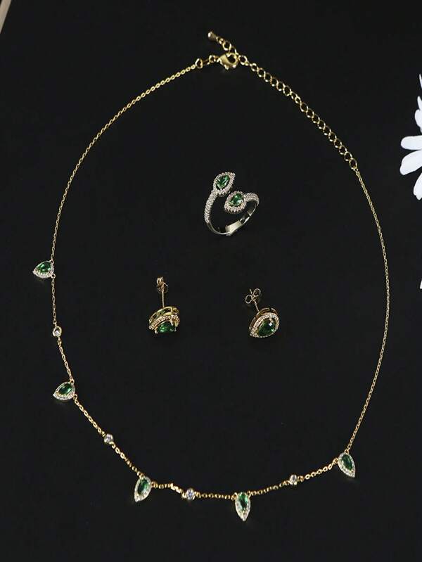 1 Set di collanaa pendente e orecchini di lusso retrò con zirconi cubici, adatti per l'uso quotidiano da parte delle donne