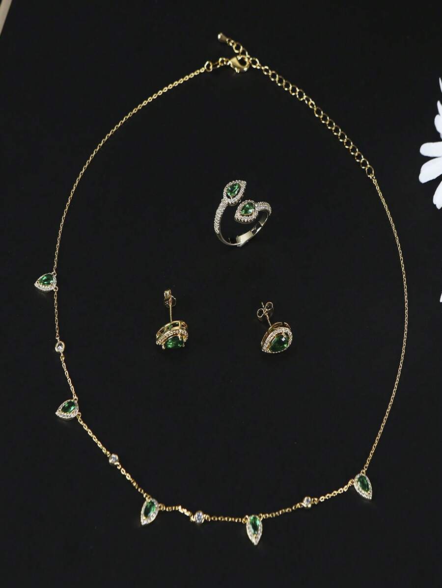 1 Set Fashionable Cubic Zirconia Retro Luxurious Drop Necklace And Earrings, Suitable For Daily Wear For Women