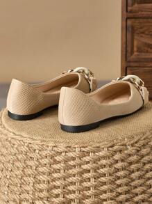 Women's Versatile Square Toe Loafers, Soft Sole Casual Flats, Fashion Metal Chain Decorated Elegant French Style Slip-On Shoes - Khaki - View 5