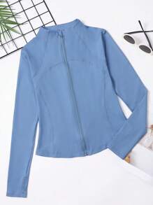 Damen Jacke mit durchgehendem Reißverschluss, Unifarben, Langarm, figurbetonter Sitz, mit Daumenöffnungen an den Manschetten, geeignet für Fitness, Yoga, Laufen