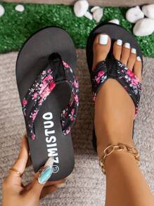 女士时尚简约舒适休闲黑色花朵平底沙滩人字拖凉鞋 - 黑色 - 查看 2
