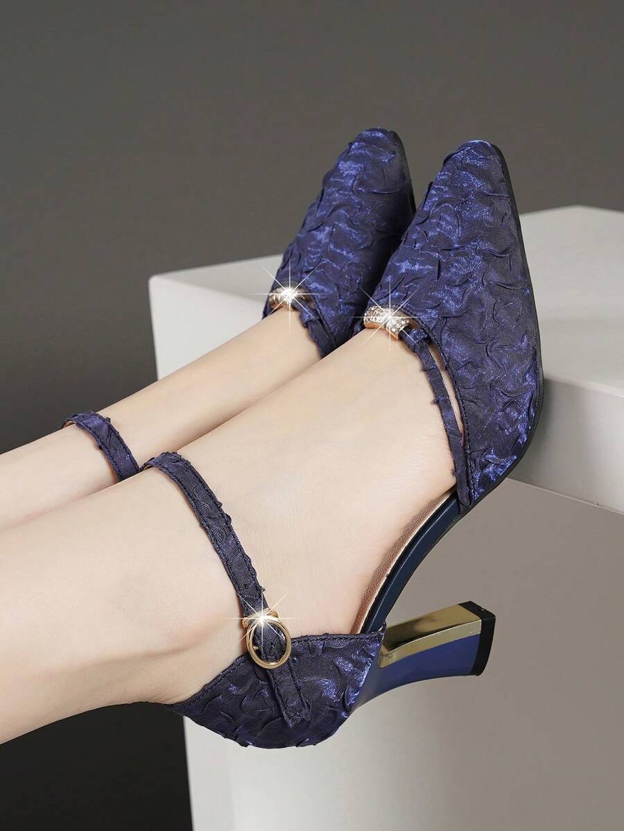 女士新款春夏厚跟带水晶镂空尖头套脚高跟鞋，优雅 - 藏蓝色 - 查看 1