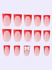 30pcs Acrylic Press-On Nail Set For New Year, Short Flared Duck Mouth Shape, Dark Red French Tip With 3D White Bow, Suitable For Girls, Women As Gift, Holiday, Daily Wear, Includes Double-Sided Tape & Nail File Press On Nails