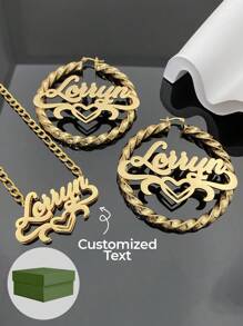 一套定制文字双层铭牌项链，搭配夸张耳环，充满情人节爱意，18K镀金不锈钢项链，精美礼盒包装，母亲节和情人节送给爱人的理想礼物，女士珠宝 - 金色 - 查看 1
