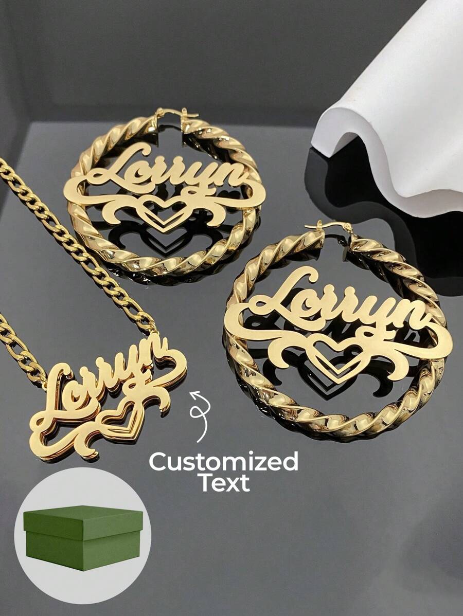 一套定制文字双层铭牌项链,搭配夸张耳环,充满情人节爱意,18K镀金不锈钢项链,精美礼盒包装,母亲节和情人节送给爱人的理想礼物,女士珠宝 - 金色 - 查看 1