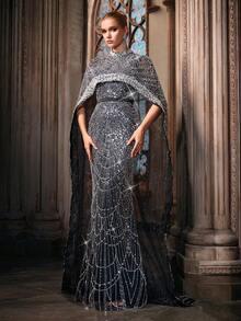 QOQ 华丽大气黑色斗篷袖女式礼服礼服带珠饰（大量装饰） - 黑色 - 查看 6