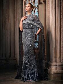 QOQ 华丽大气黑色斗篷袖女式礼服礼服带珠饰（大量装饰） - 黑色 - 查看 3