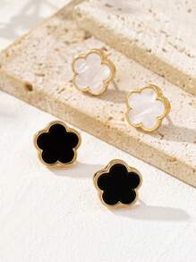 2 paires d'élégants boucles d'oreilles à tige métal noir et blanc avec trèfle et fleur. Accessoires quotidiens et décontractés pour femmes, cadeau de la Saint-Valentin, accessoire de mode de bijouterie, pour la saison des mariages. (AVIS : Retirez le film de protection avant de le porter)