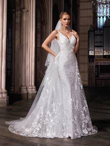 QOQ 浪漫无袖花卉刺绣简约优雅婚纱，适合婚礼、新娘 - 白色 - 查看 3