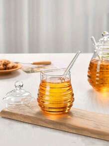 1pc Transparent Glass Honey Jar With Lid And Mixing Stick, Creative Glass Storage Pot - Clear - View 5