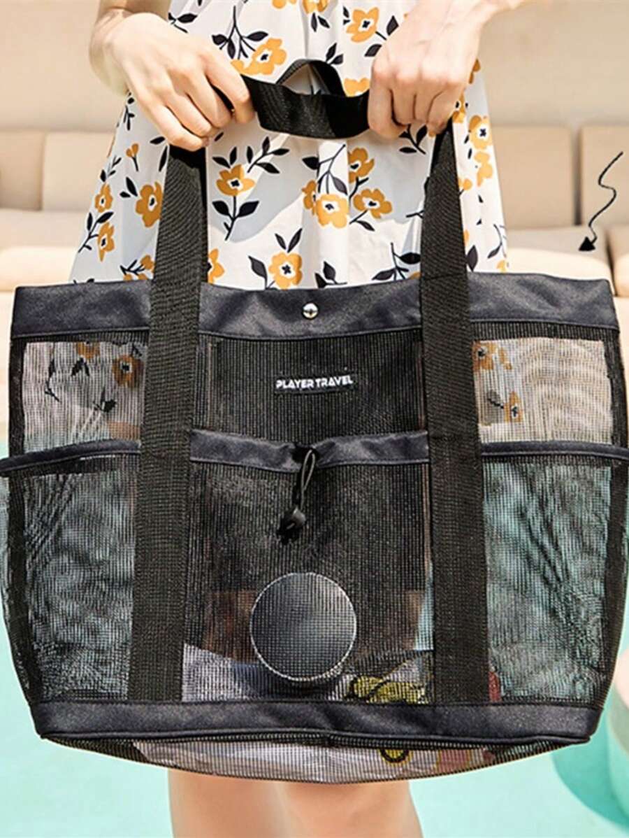1PC Large Mesh Beach Bag - Sandproof Swim Tote Bag Oversized For Family Foldable Lightweight Pool Boat Bag With Zipper And Extra Pockets For Toys & Vacation Beach Cruise Essentials