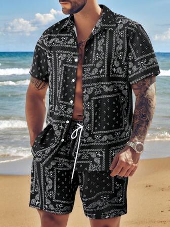 Men's Paisley Print Short Sleeve Shirt And Shorts 2 Pieces Set With Single-Breasted Button, Elastic Waist Drawstring And Pockets