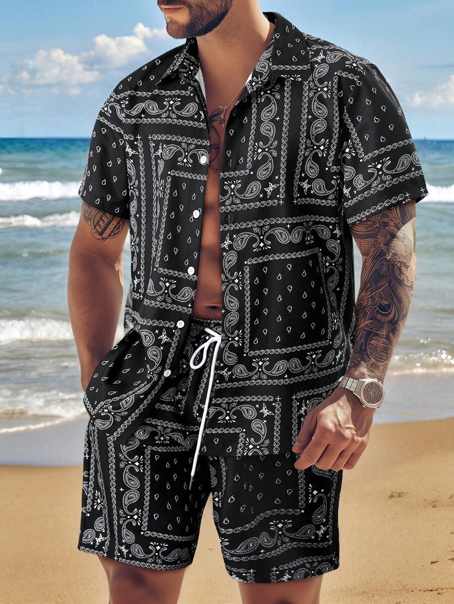 Men's Paisley Print Short Sleeve Shirt And Shorts 2 Pieces Set With Single-Breasted Button, Elastic Waist Drawstring And Pockets - Black - View 1