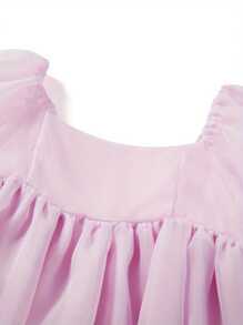 Women Summer Puffy Dress, Solid Color Square Neck Bubble Sleeve One-Piece Short Dress For Ladies, Pink/Purple/Yellow - Hồng - Xem 7