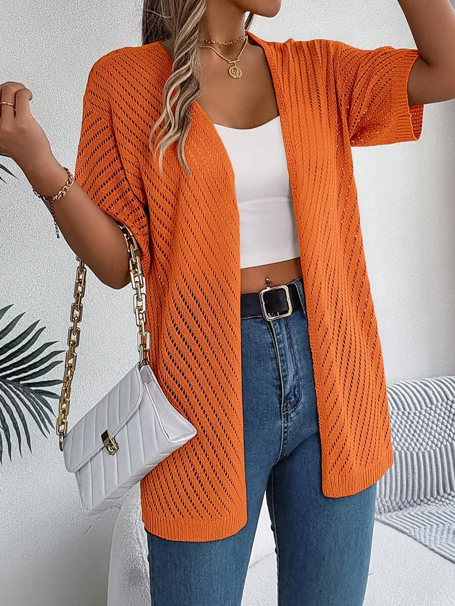 Cárdigan de punto de manga corta con diseño hueco, informal, para primavera y verano - Naranja - Ver 1