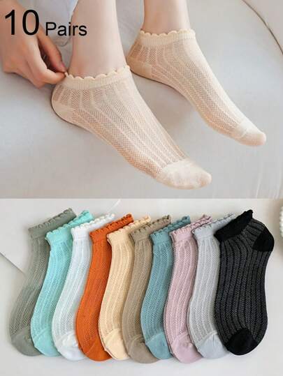 10 双女式纯色休闲蕾丝短袜，薄款透气舒适船袜，春夏