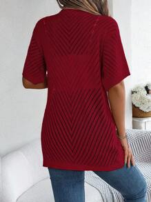 Casual Hollow Out Knit Short Sleeve Cardigan, Spring/Summer - Red - View 3