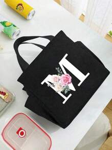 2 pièces/Set Sacs isothermes imprimés avec lettres A-Z et boîte de rangement pour couverts, sac à lunch à double poche