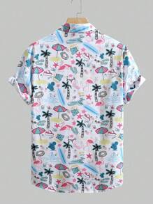 Men's Tropical Plant Printed Turn-Down Collar Front Button Casual Short Sleeve Shirt, Summer
